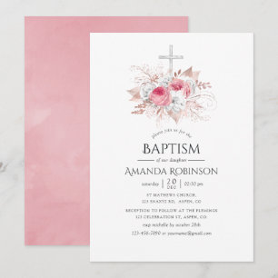 Convites Batismo ou Crisma Floral Rosa e Dourado Rosa