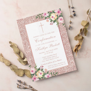Convites Batismo Ou Cristação Floral De Rosa Dourado