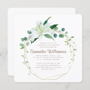 Convites Batismo para seu Floral Branco Geométrico e Modern