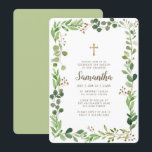Convites Batismo Pela Cruzagem De Folhagem De Aquarela<br><div class="desc">O design é composto por produtos de botânica foliar verde folha e adornado por uma simples cruz de ouro falsa. Disponível aqui: http://www.zazzle.com/store/selectpartysupplies</div>