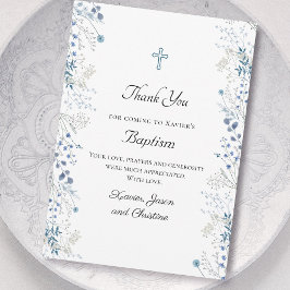 Convites Batismo pequenas flores azuis de aquarela obrigado