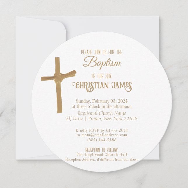 Convites Batismo Personalizado Pela Cruz de Palma Dourada (Frente)