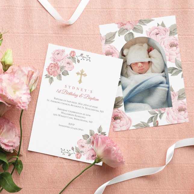 Convites Batismo primeiro aniversario do Bebê Dourado da Cr (Pink Peony Gold Cross Baby's 1st Birthday Baptism Invitation)