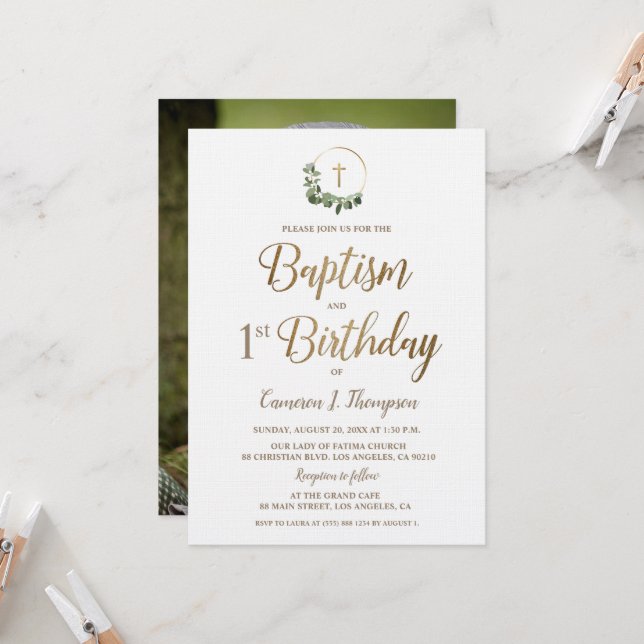 Convites Batismo Primeiro Aniversário Foto Dourada Cruz (Frente/Verso In Situ)