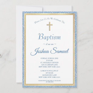 Convites Batismo religioso Blue Glitter Dourado Cross Boy