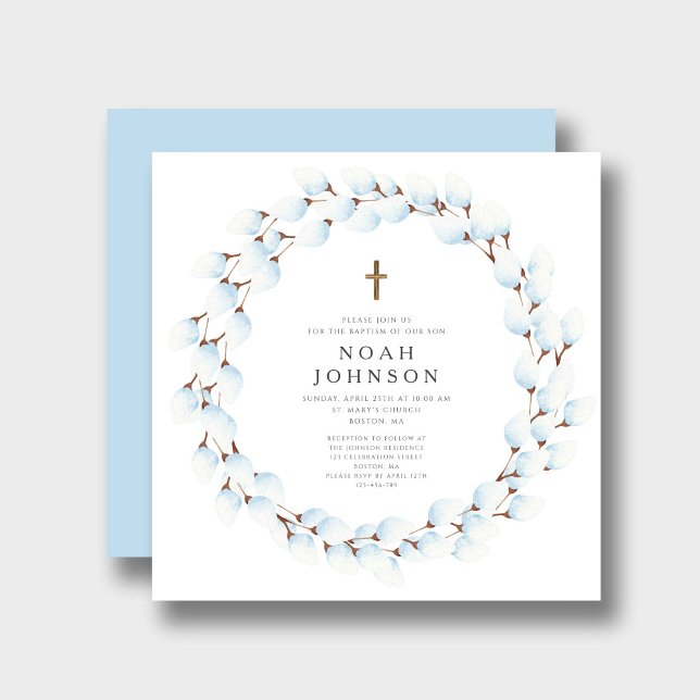 Convites Batismo religioso Botânico Azul Elegante (Elegant Blue Botanical Religious Boy Baptism Invitation)