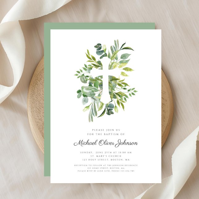 Convites Batismo religioso Botânico Moderno (Modern Botanical Religious Cross Baptism Invitation)