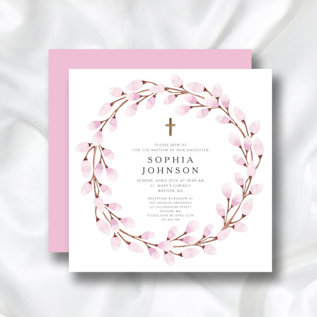 Convites Batismo religioso cor-de-rosa elegante (Elegant Pink Religious Cross Baptism Invitation)