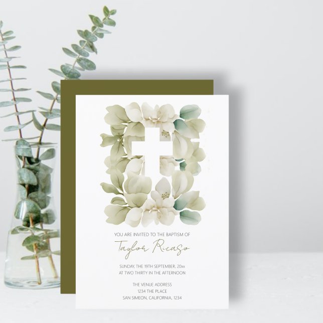 Convites Batismo religioso cristão de folhagem verde (Religious Christian Cross Green Foliage Baptism Invitations from Ricaso. Religious Themed invites)