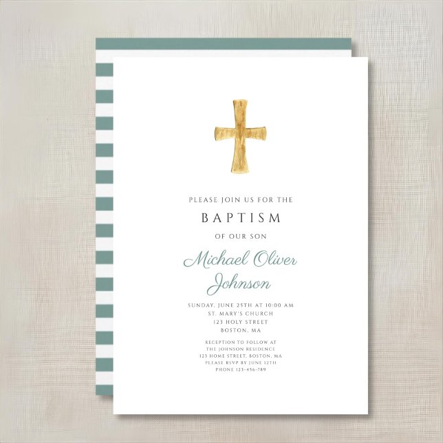 Convites Batismo Religioso Cruz Verde Moderna Menino (Modern Green Cross Religious Boy Baptism Invitation)