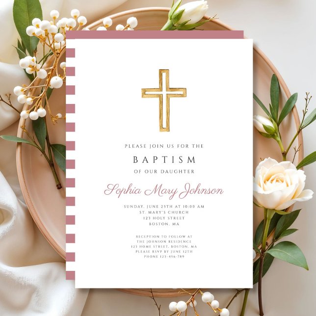 Convites Batismo religioso Cruzado Rosa Gira-Rosa (Religious Cross Dusty Pink Stripes Girl Baptism Invitation)