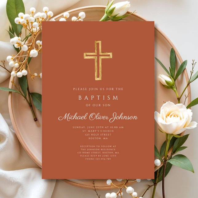 Convites Batismo religioso Cruzado Terracotta (Religious Cross Terracotta Script Boy Baptism Invitation)