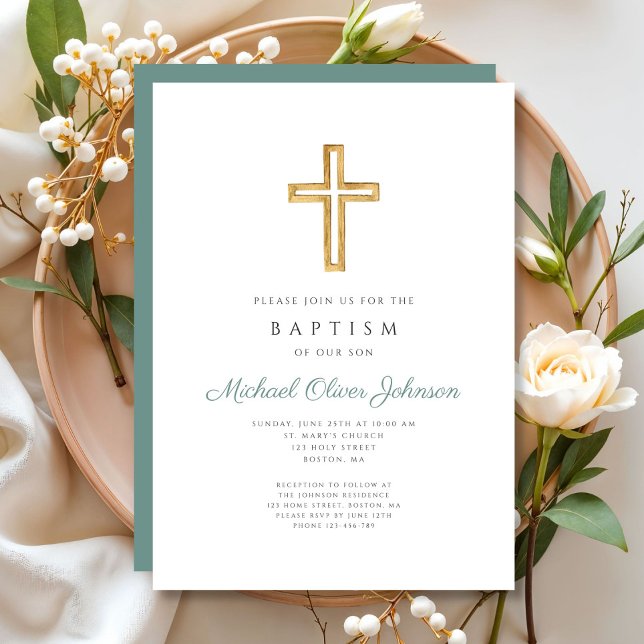 Convites Batismo religioso Cruzado Verde (Religious Cross Green Script Boy Baptism Invitation)
