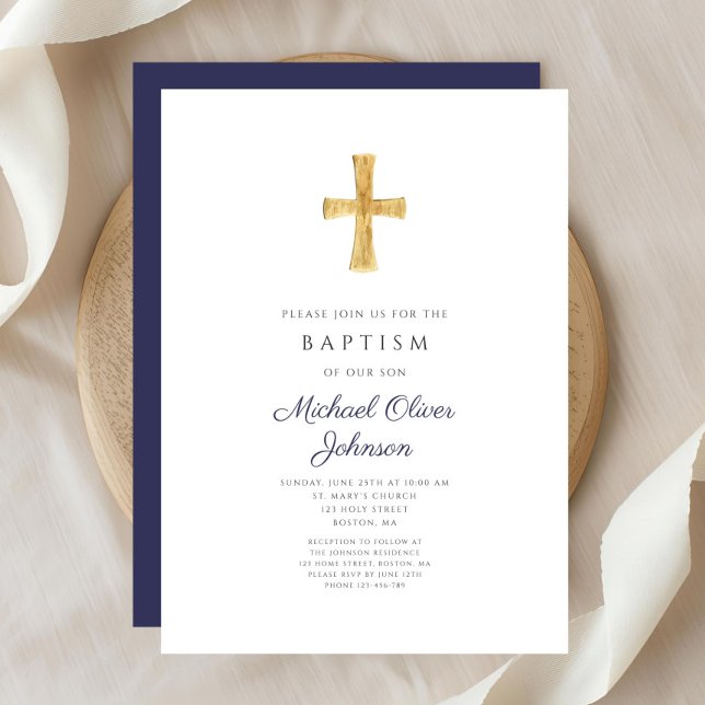 Convites Batismo religioso da Cruz Azul do Marinho Moderno (Modern Navy Blue Cross Religious Boy Baptism Invitation)