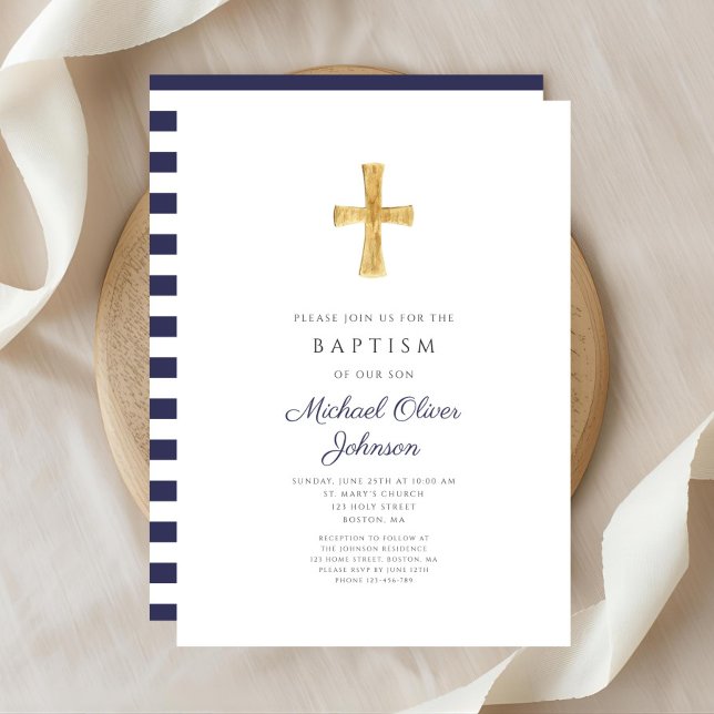 Convites Batismo religioso da Cruz Azul Marinho Elegante (Elegant Navy Blue Cross Religious Boy Baptism Invitation)