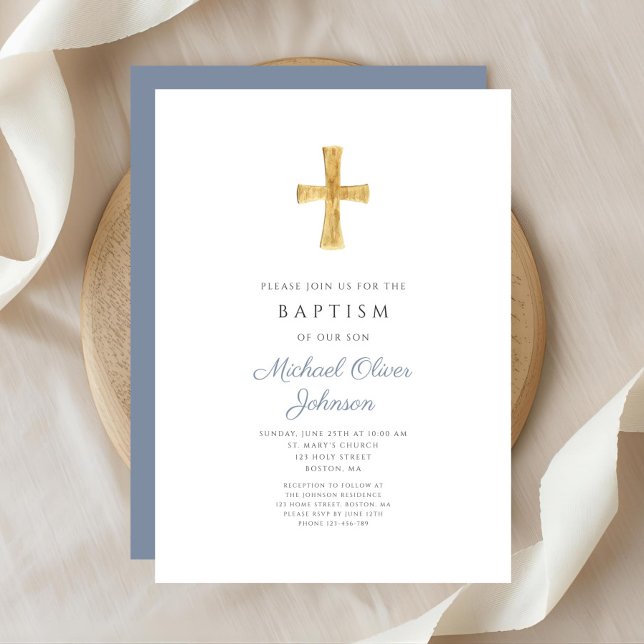 Convites Batismo religioso da Cruz Azul Moderna (Modern Dusty Blue Cross Religious Boy Baptism Invitation)