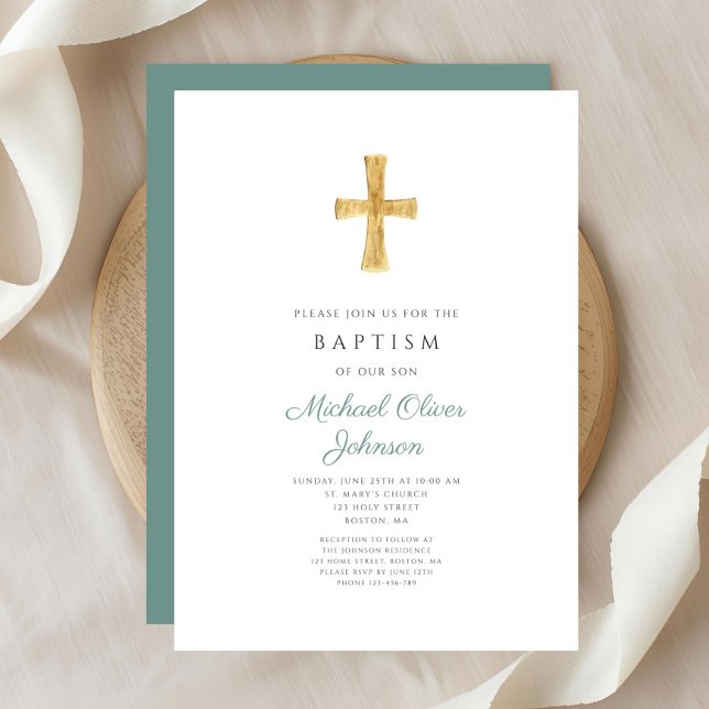 Convites Batismo religioso da Cruz Verde Moderna (Modern Green Cross Religious Boy Baptism Invitation)