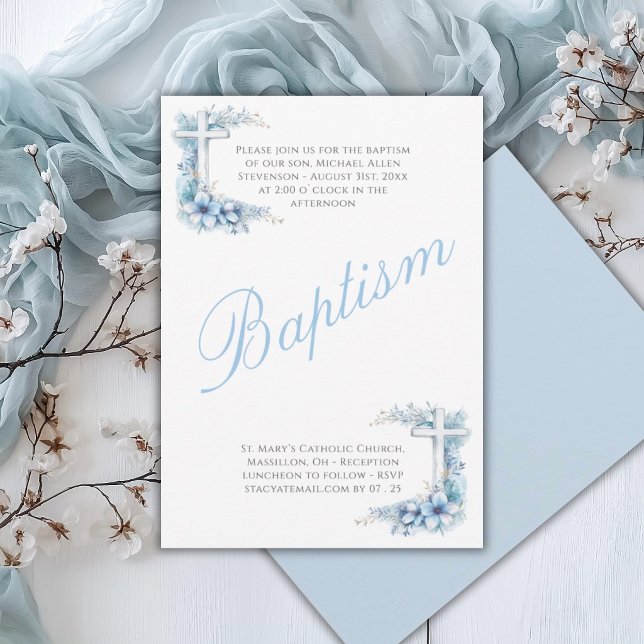 Convites Batismo Religioso de Bebê Menino Azul Elegante (Criador carregado)