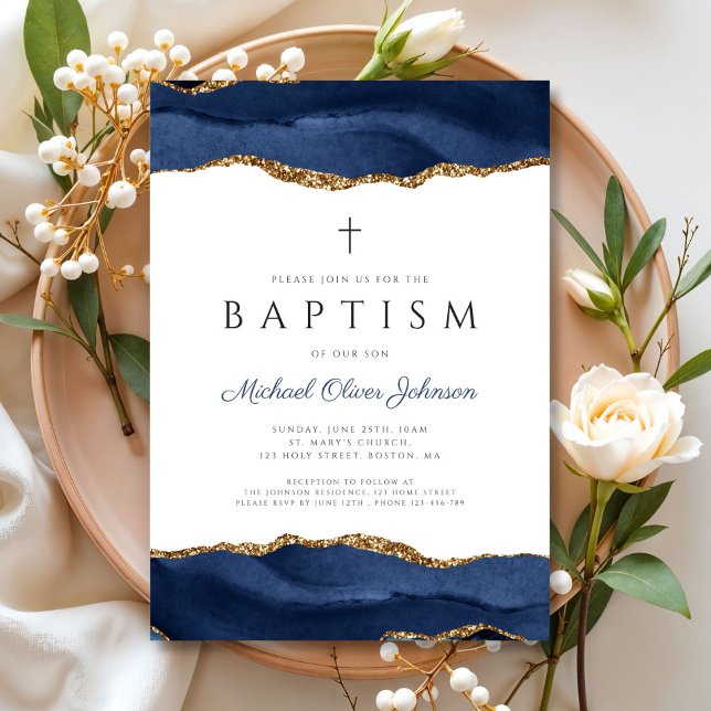 Convites Batismo Religioso do Bebê Azul Elegante (Elegant Blue Agate Religious Baby Baptism Invitation)