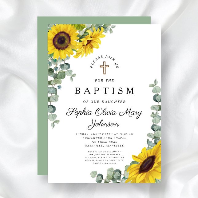 Convites Batismo Religioso do Girassol Floral Elegante (Elegant Floral Sunflower Religious Baptism Invitation)