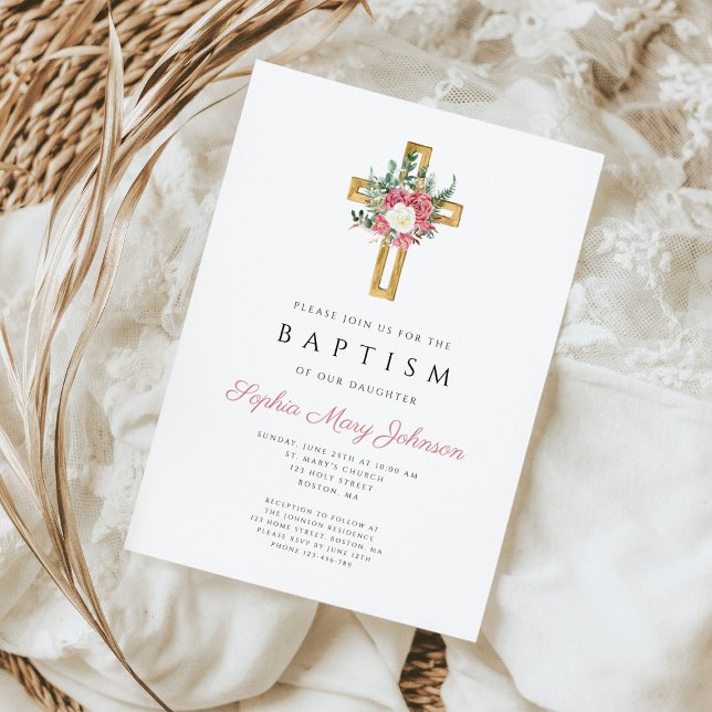 Convites Batismo religioso Elegante Cruz Rosa Floral Rosa (Elegant Religious Cross Pink Floral Girl Baptism Invitation)