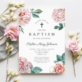Convites Batismo religioso Floral Rosa Elegante