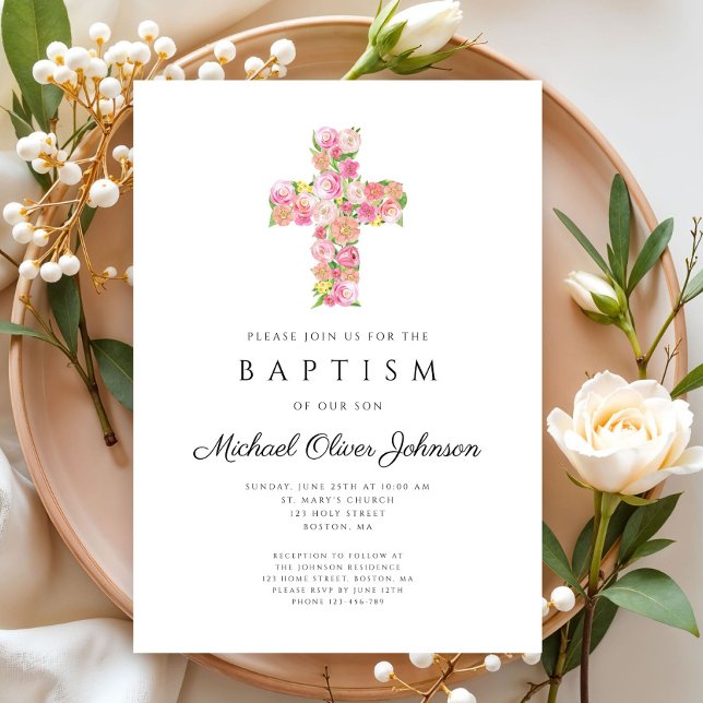 Convites Batismo religioso religioso cor-de-rosa-rosa (Elegant Religious Floral Pink Cross Baptism Invitation)
