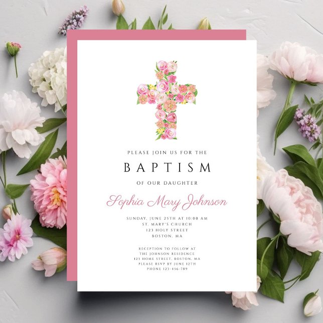 Convites Batismo religioso religioso rosa-palha (Elegant Religious Pink Floral Cross Baptism Invitation)