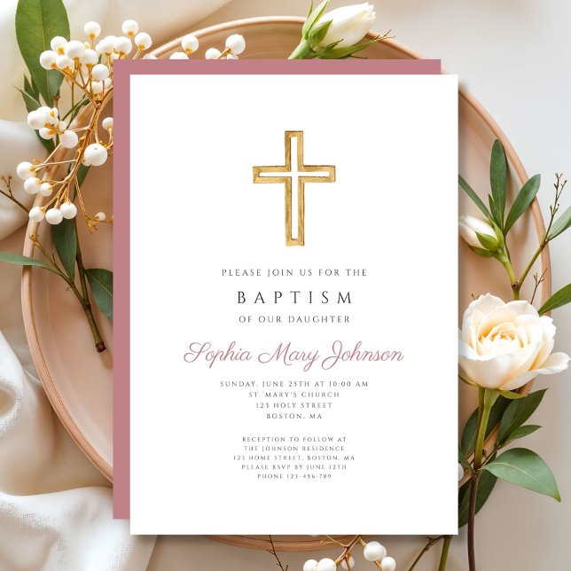 Convites Batismo religioso Rosa Elegante (Religious Cross Dusty Rose Pink Girl Baptism Invitation)