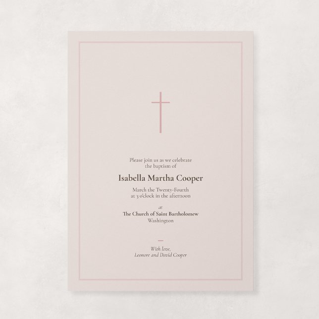 Convites Batismo Religioso Rosa Mínimo Cruz (Grace - Minimal Cross Baptism Invitation in Blush)