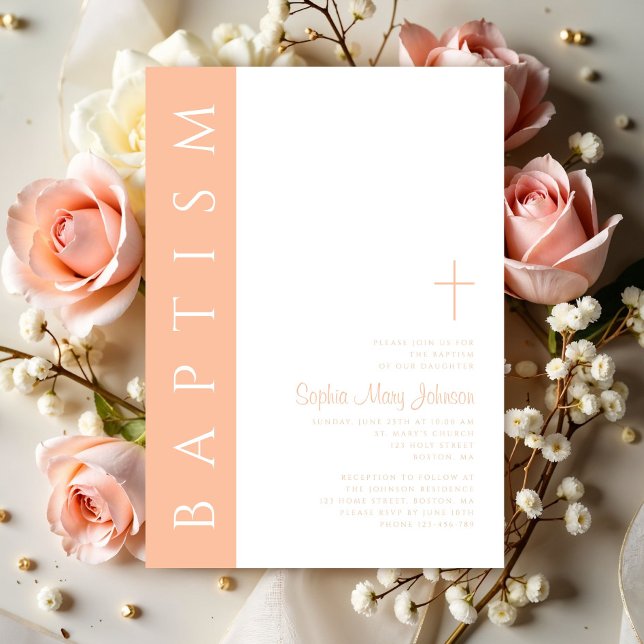 Convites Batismo religioso rosa-rosa moderno (Modern Elegant Pink Religious Cross Baptism Invitation)