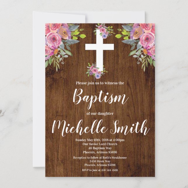 Convites Batismo religioso Russo Floral Rosa Rosa (Frente)