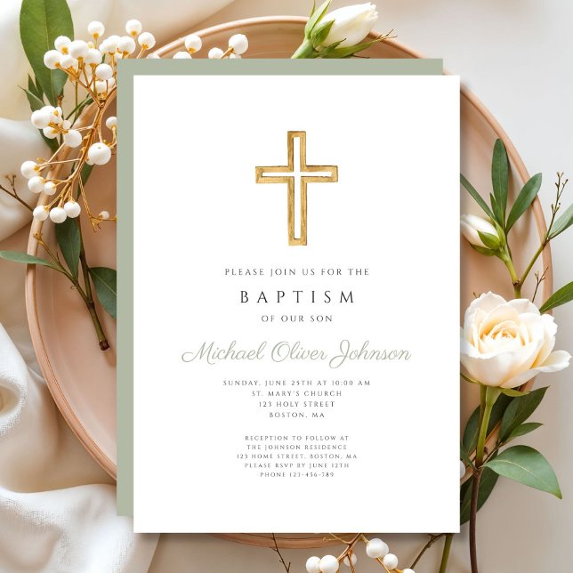 Convites Batismo religioso Verde Elegante (Sage Green Religious Wood Cross Baptism Invitation)