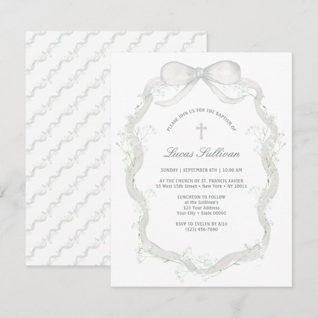 Convites Batismo respiratório do bebê do Arco branco (Frente/Verso)