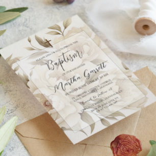 Convites Batismo Romântico entre Beige Peonies Floral Vinta