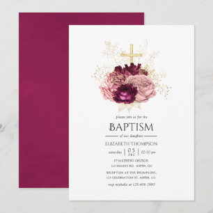 Convites Batismo Rosa Bege e Dourado Borgonha Marsala