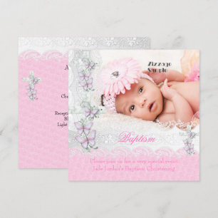 Convites Batismo Rosa Branco Renda Foto Borboleta Cruz Meni