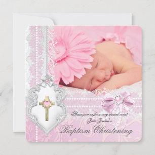 Convites Batismo Rosa Branco Renda Foto Pérola Cruz Menina