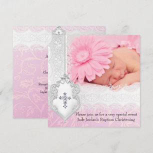 Convites Batismo Rosa Branco Renda Jóia Cruz Foto Menina