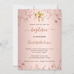 Convites Batismo rosa dourado estrela elegante