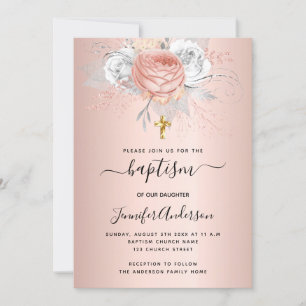 Convites Batismo rosa dourado floral menina elegante metal