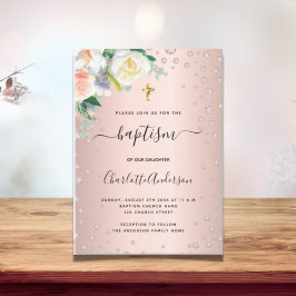 Convites Batismo rosa floral, dourada, elegante