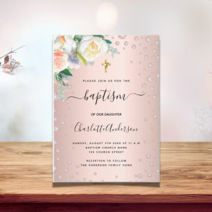 Convites Batismo rosa floral, dourada, elegante