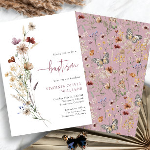 Convites Batismo rosa Flores Selvagens