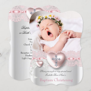 Convites Batismo Rosa Prata Foto Coração Cruz Menina
