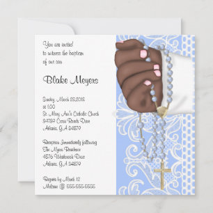 Convites Batismo Rosário Azul-Elegante Simples/Cristaliza