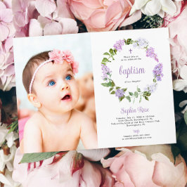 Convites Batismo Rustic Lilac Flowers Photo Girl
