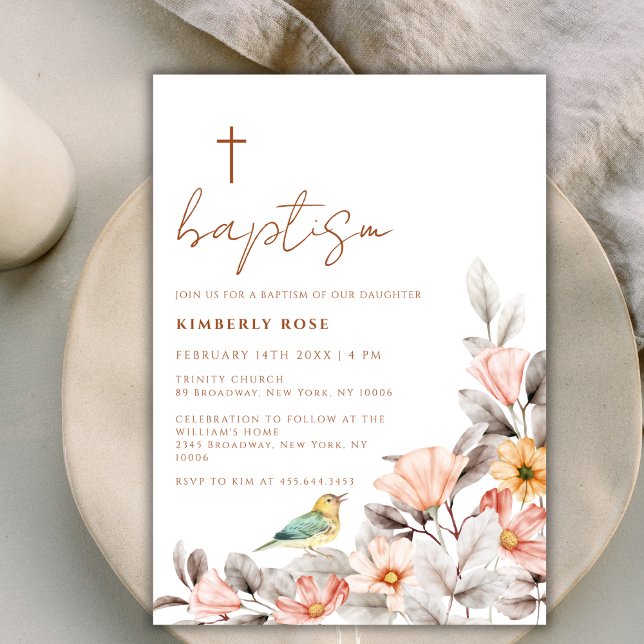 Convites Batismo Rustic Modern Boho Wildflower (Rustic Modern Boho Wildflower Cross Baptism Invitation)