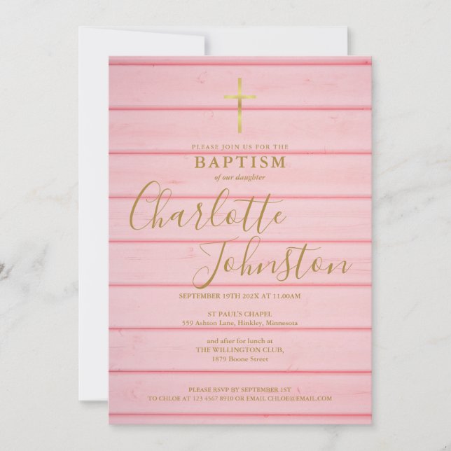 Convites Batismo Rustico Rosa Script (Frente)