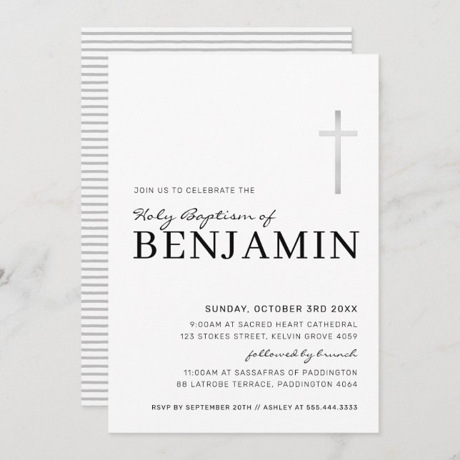 Convites Batismo sagrado MODERNO CRUZADO prata preta mínima (Frente/Verso)